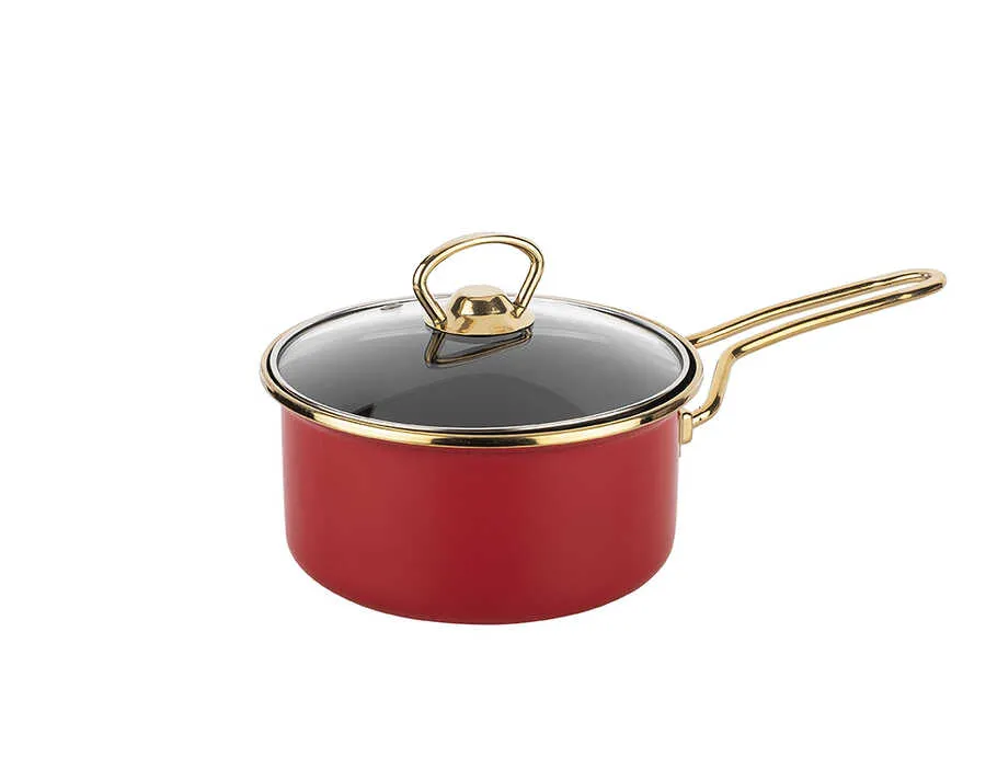 Emaille Saucenpfanne Rot-Gold 16 cm mit Glasdeckel Induktion TantiToni