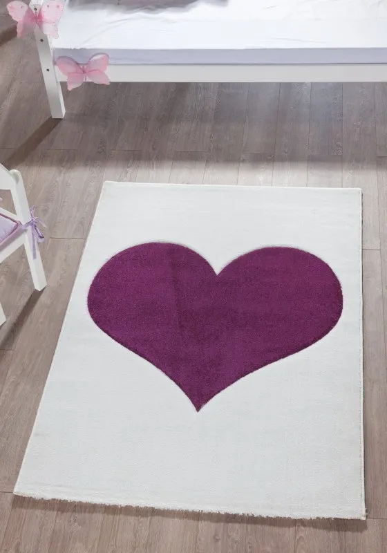 Kinderteppich 170 x 120 cm, weiß - Herz/lila