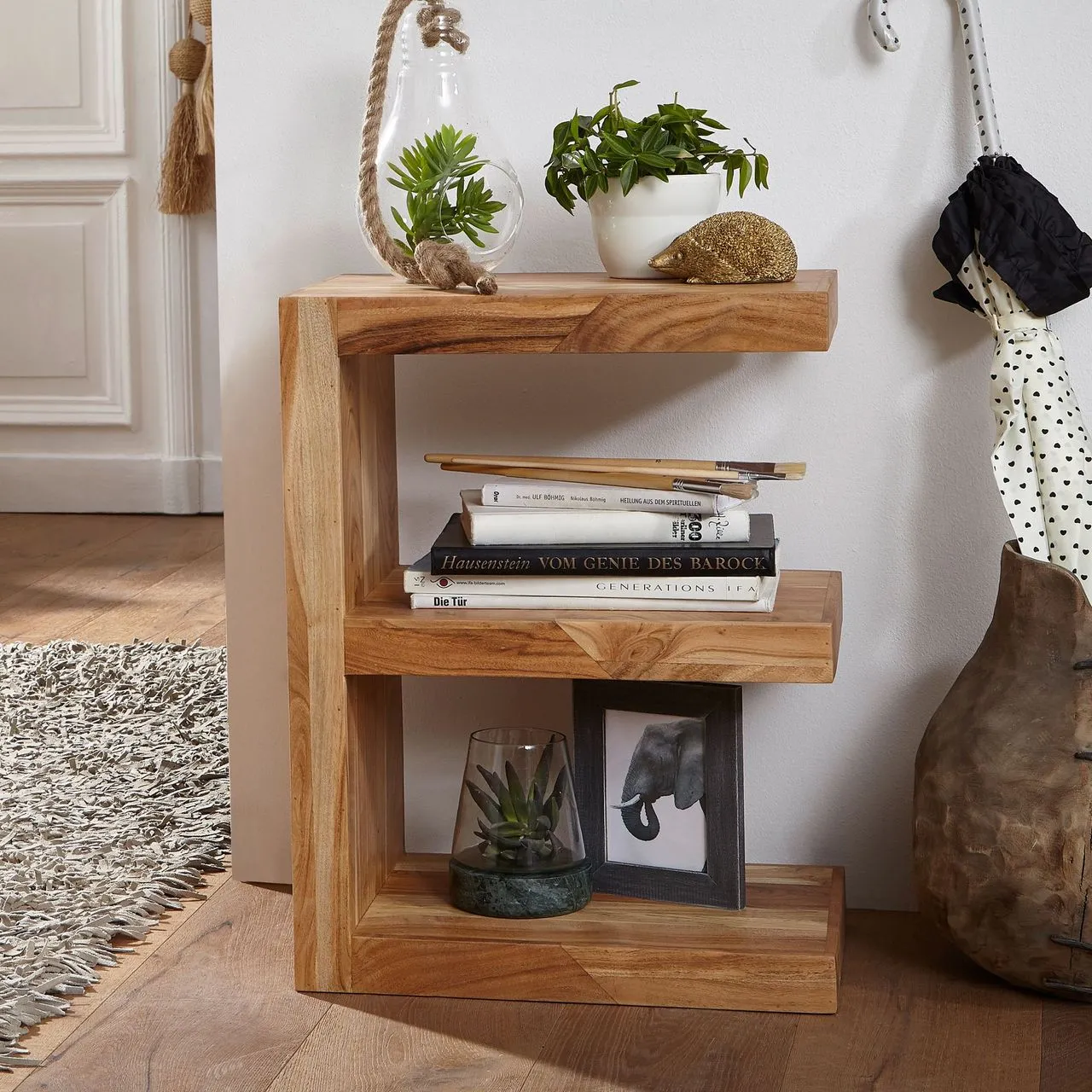 Akazie Massivholz Beistelltisch "E"" Cube 44x 30 x 60 cm mit Ablage"