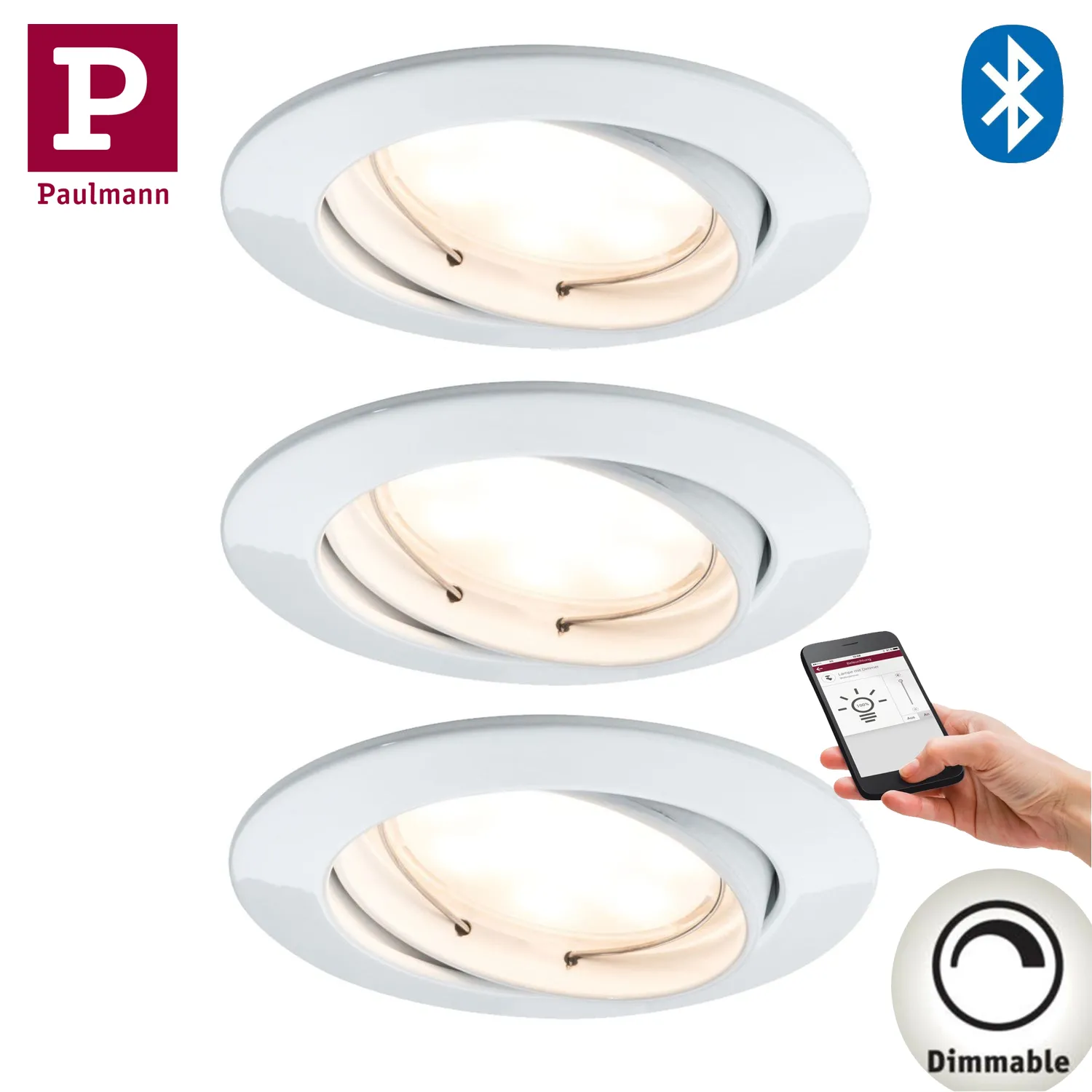 3x  Paulmann SmartHome Bluetooth Goal Einbauleuchten Set LED 3x5,8W dimmbar schwenkbar 230/24V 51mm Weiß m/Alu Zink