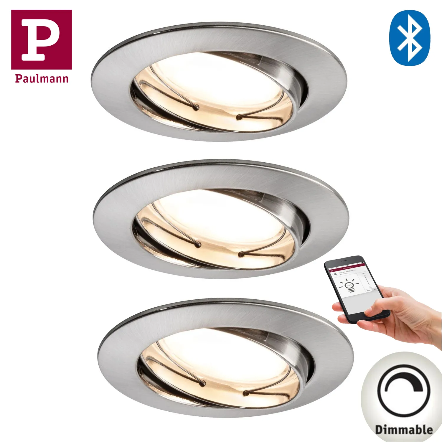 3x Paulmann SmartHome Bluetooth Goal Einbauleuchten Set LED 3x5,8W dimmbar schwenkbar 230/24V 51mm Eisen gebürstet/Alu Zink