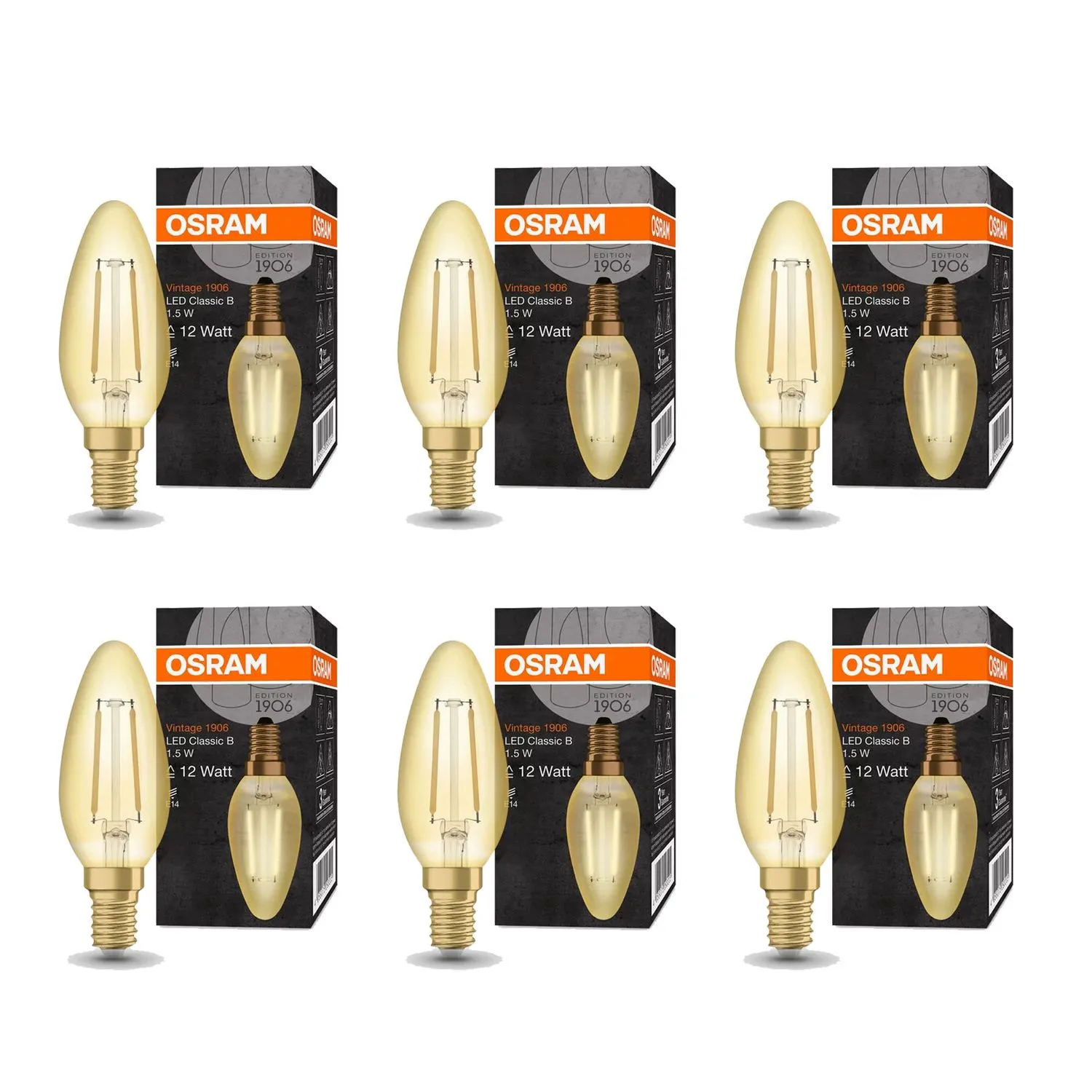 6x OSRAM Vintage 1906 Classic B 12 Filament 1.5W 824 Gold E14 entspricht 12W 120 Lumen