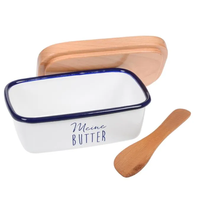 Butterdose emailliert, mit Holzdeckel und Butterlöffel