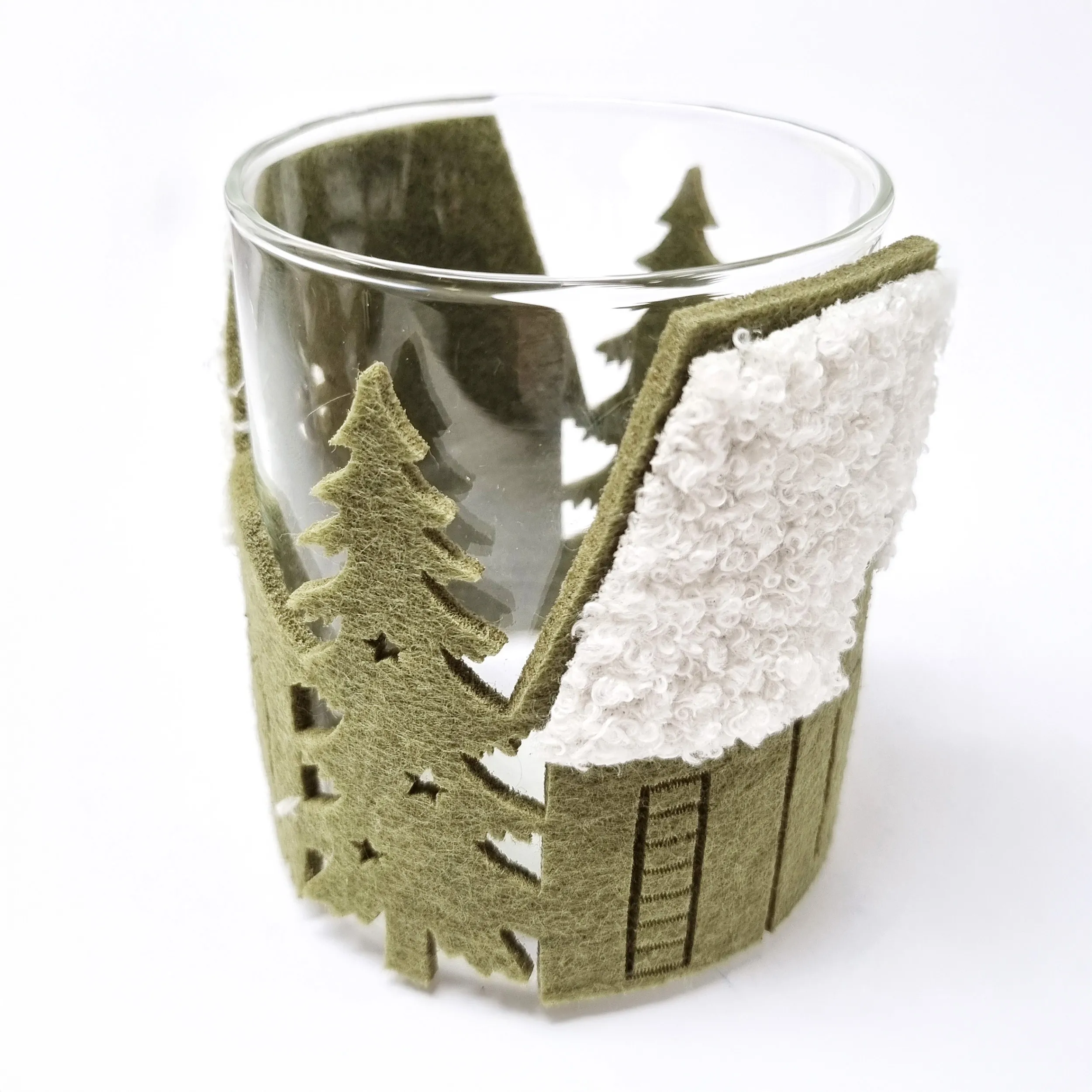 Teelichthalter | Windlicht | 8 x Ø 7,5 cm | Glas | Häuser,Tannen | grün