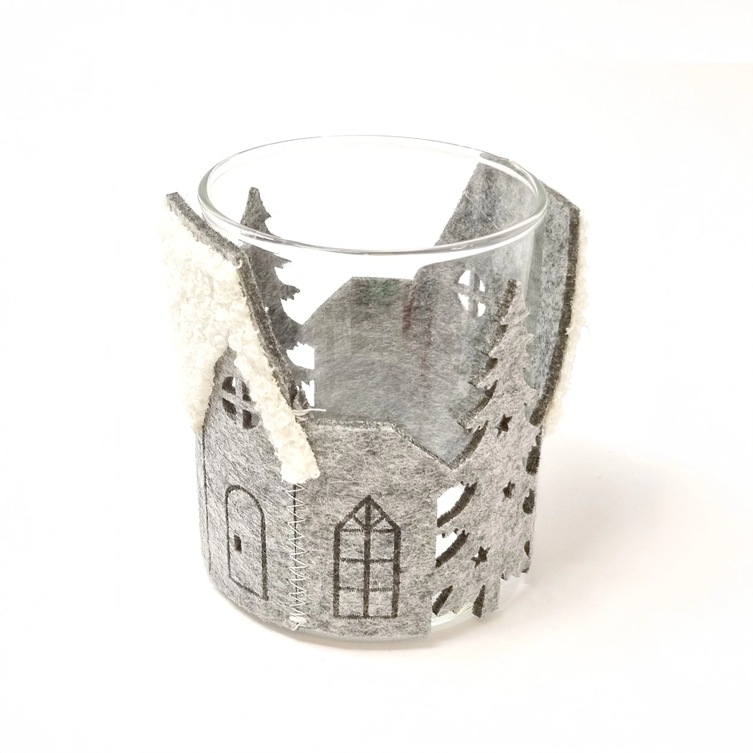 Teelichthalter | Windlicht | 8 x Ø 7,5 cm | Glas | Häuser,Tannen | grau