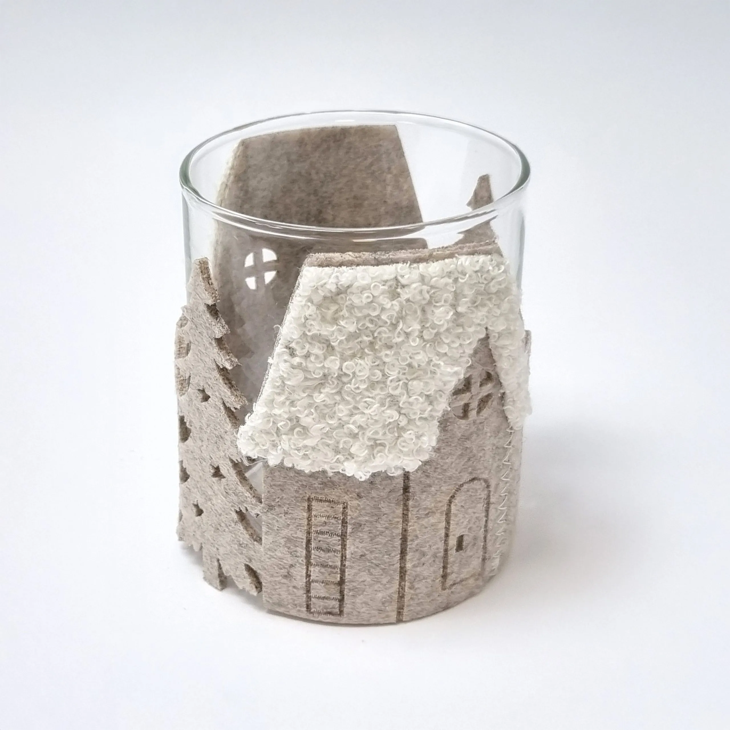 Teelichthalter | Windlicht | 8 x Ø 7,5 cm | Glas | Häuser,Tannen | beige