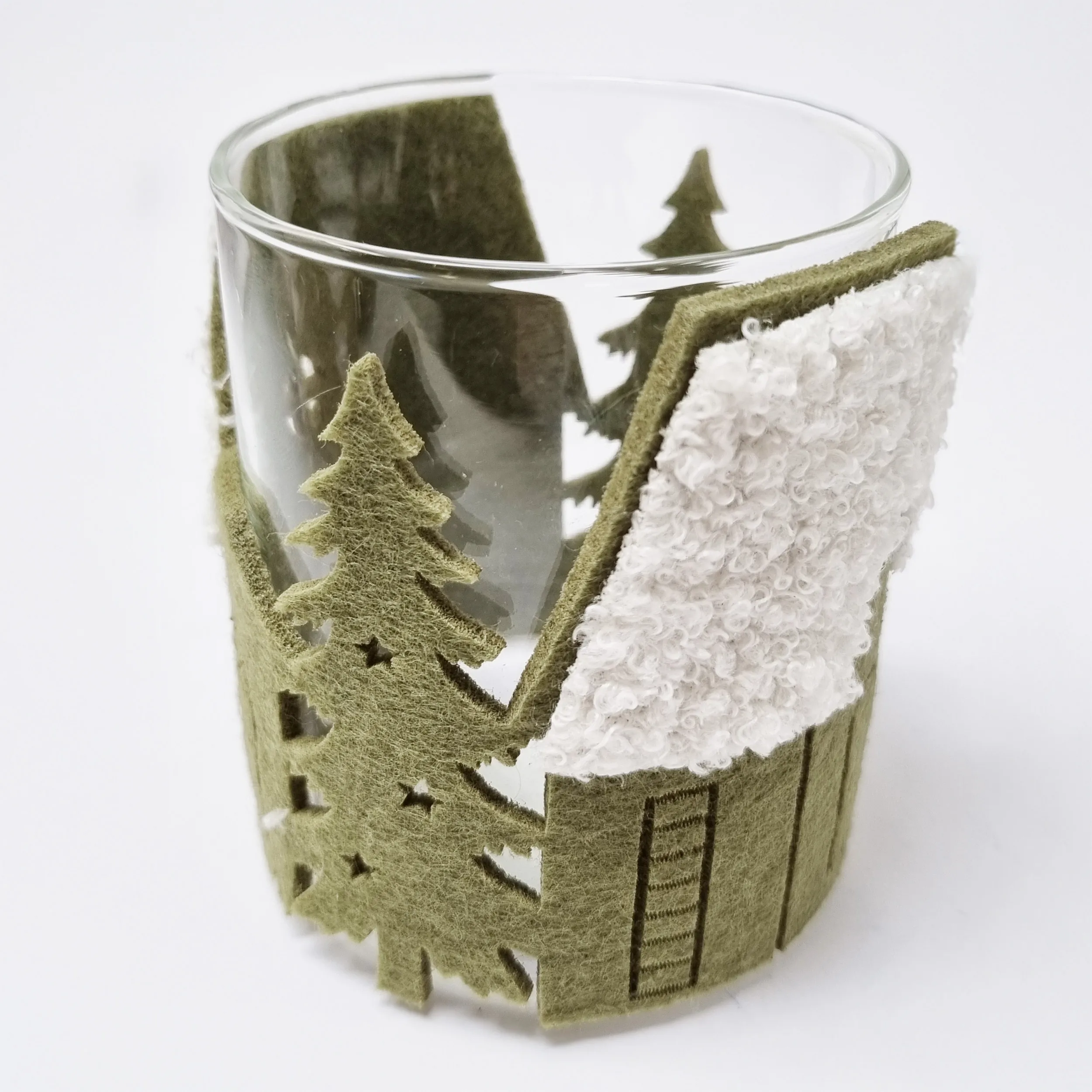 Teelichthalter | Windlicht | H 10 x Ø 8 cm | Glas | Häuser,Tannen | grün