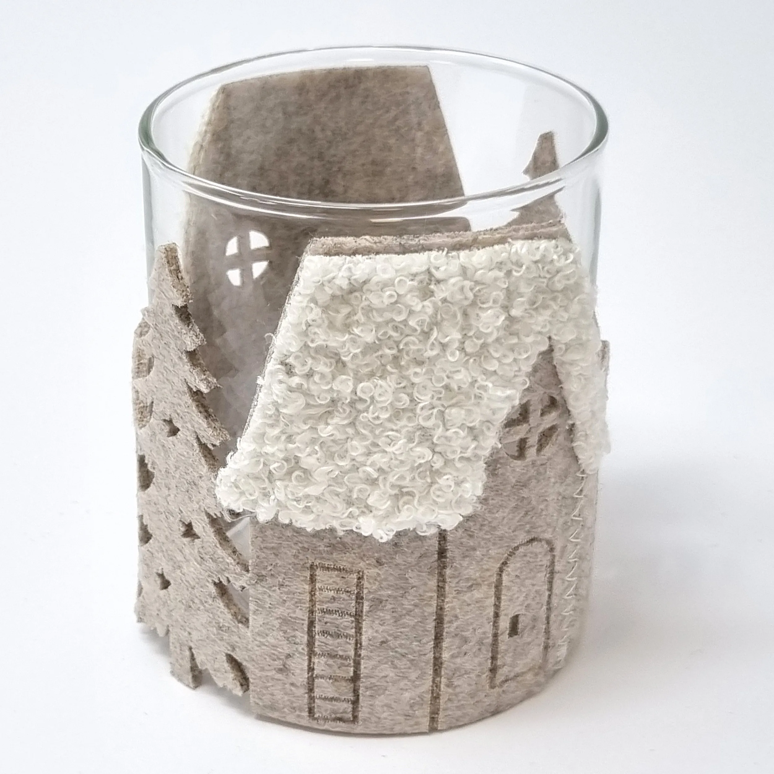 Teelichthalter | Windlicht | H 10 x Ø 8 cm | Glas | Häuser,Tannen | beige