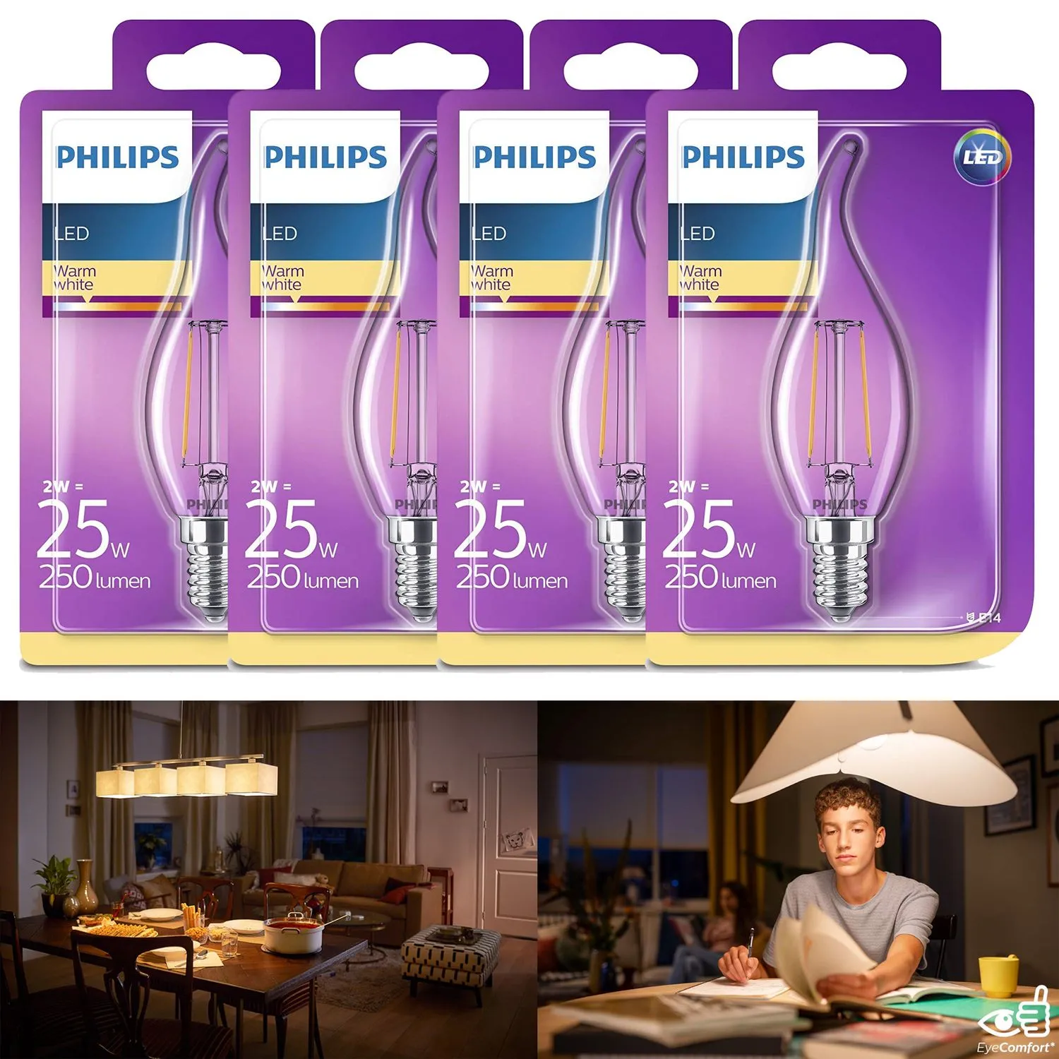 4x 8718696573877 Philips LED classic Lampe ersetzt 25 W, E14, warmweiß (2700K), 250 Lumen, Kerze