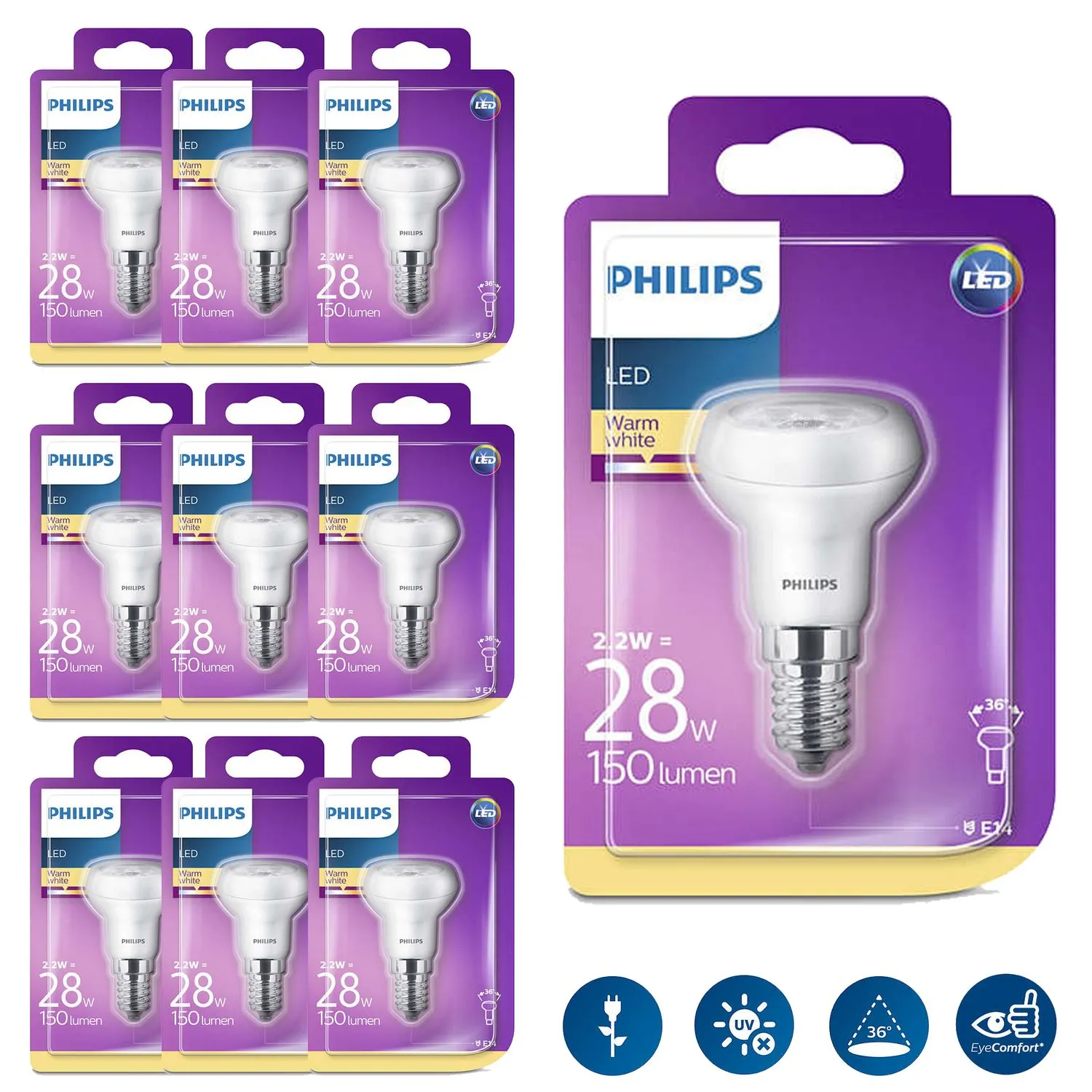 10x Philips 8718696578377 Reflektor mit Drehsockel, 2,2 W (28 W), E14, warmweiß, nicht dimmbar, Reflektor
