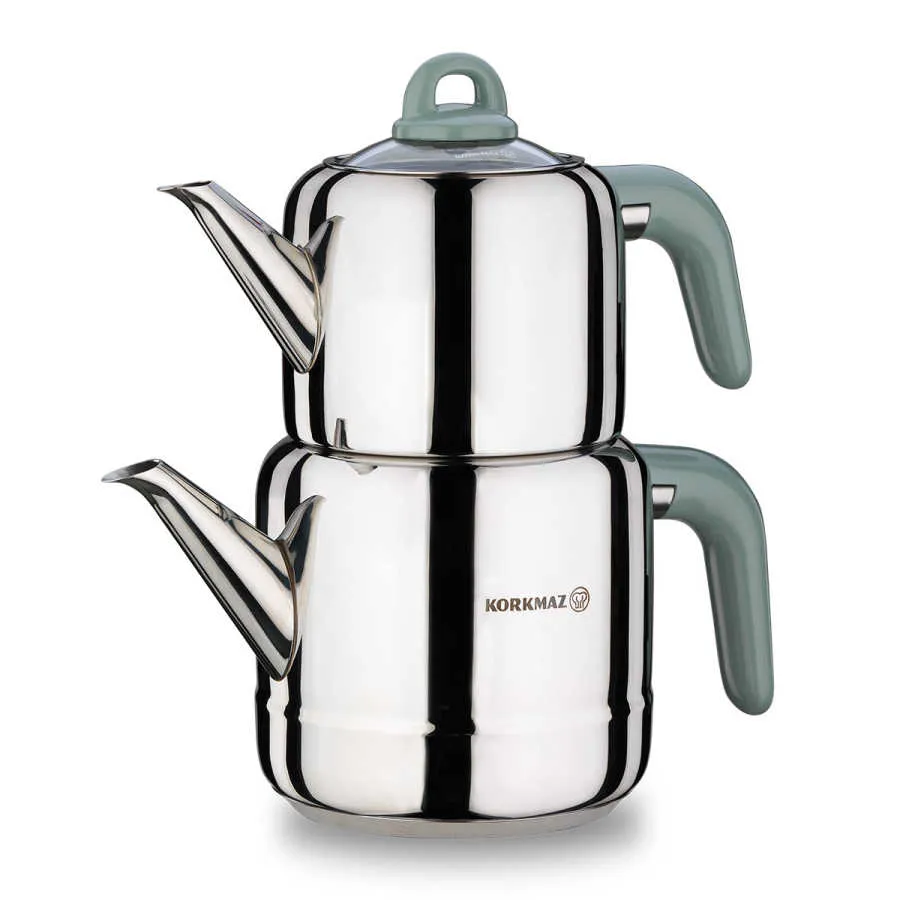 Korkmaz Teekanne HERA Minta A048-01 Silber-Grün Induktion 1,1 L - 1,9 L