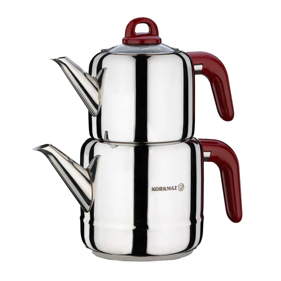 Korkmaz Teekanne HERA A048-02 Silber-Rot Induktion 1,1 L - 1,9 L