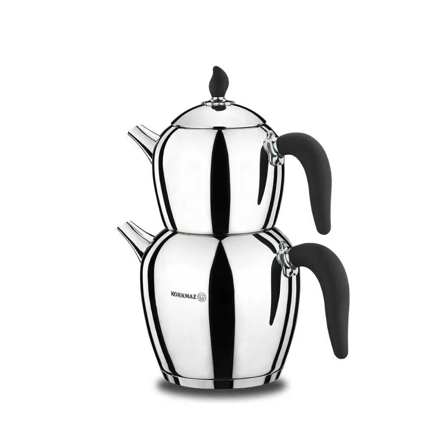 Korkmaz Türkische Teekanne SEHNAZ A214-01 Silber-Schwarz Induktion 1,1 L - 2,3 L