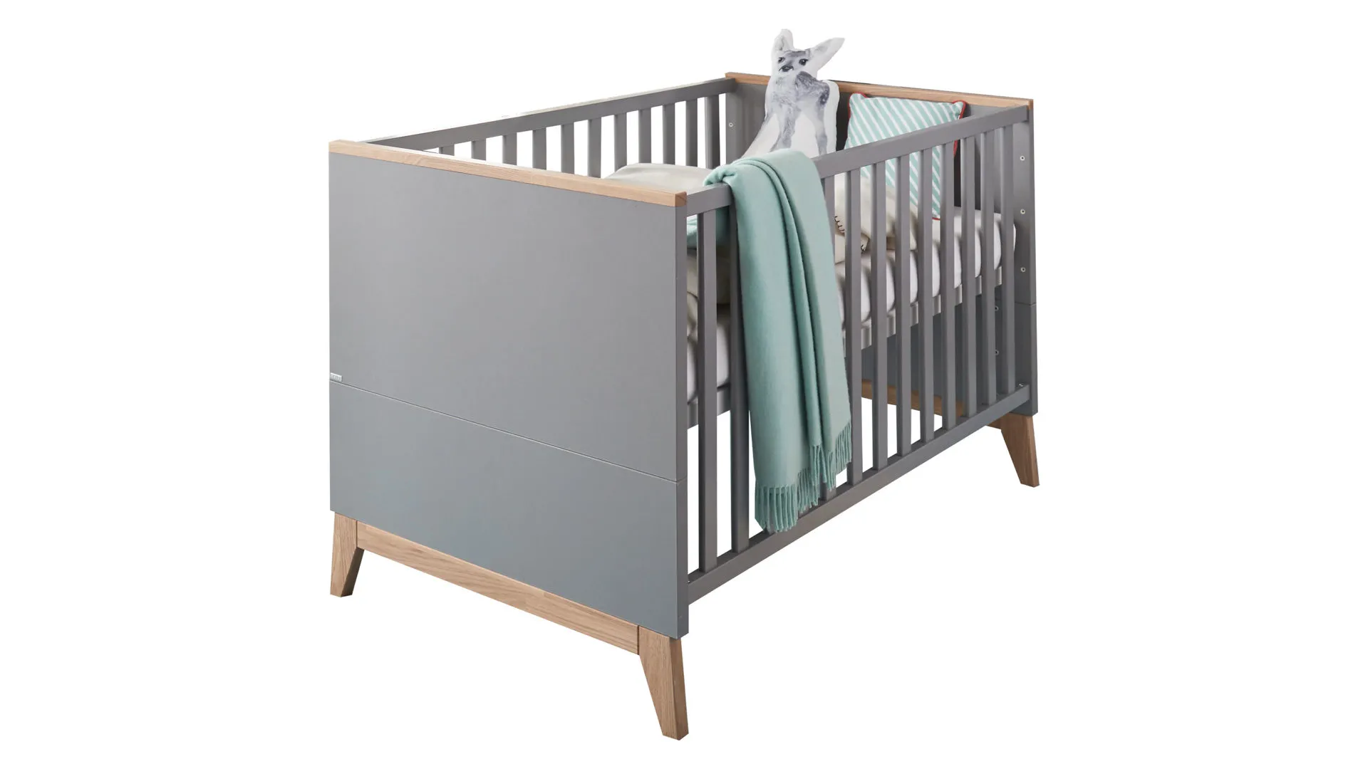 PAIDI Babyzimmer Sten – Babybettgestell, Eiche & Schiefergrau – Liegefläche ca. 70 x 140 cm