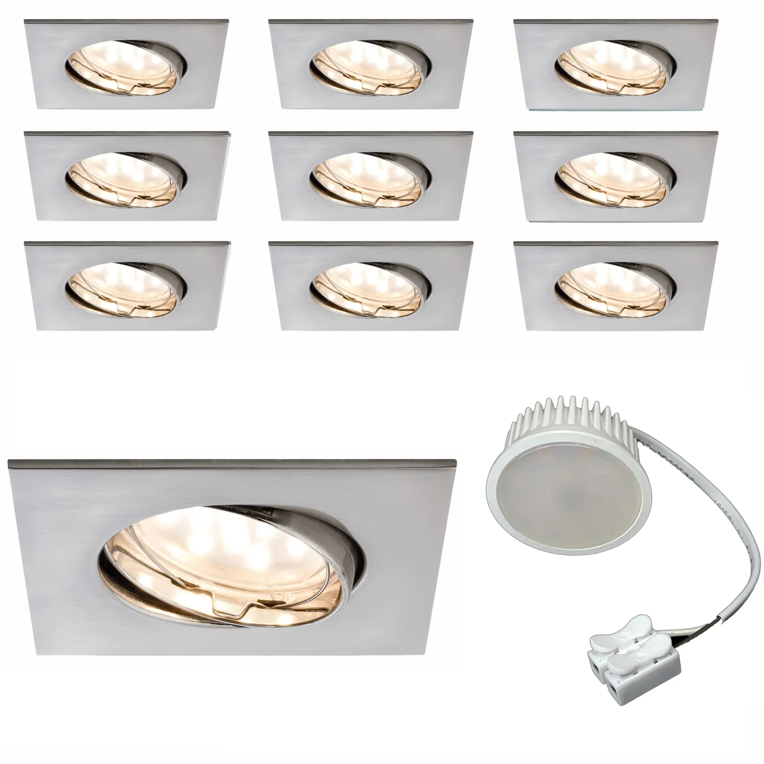 9x 5W Paulmann Einbauleuchten Set Coin Satin eckig schwenkbar inkl Mili LED 3000K, 51mm Eisen/Alu Zink Silber Einbau Warmweiss