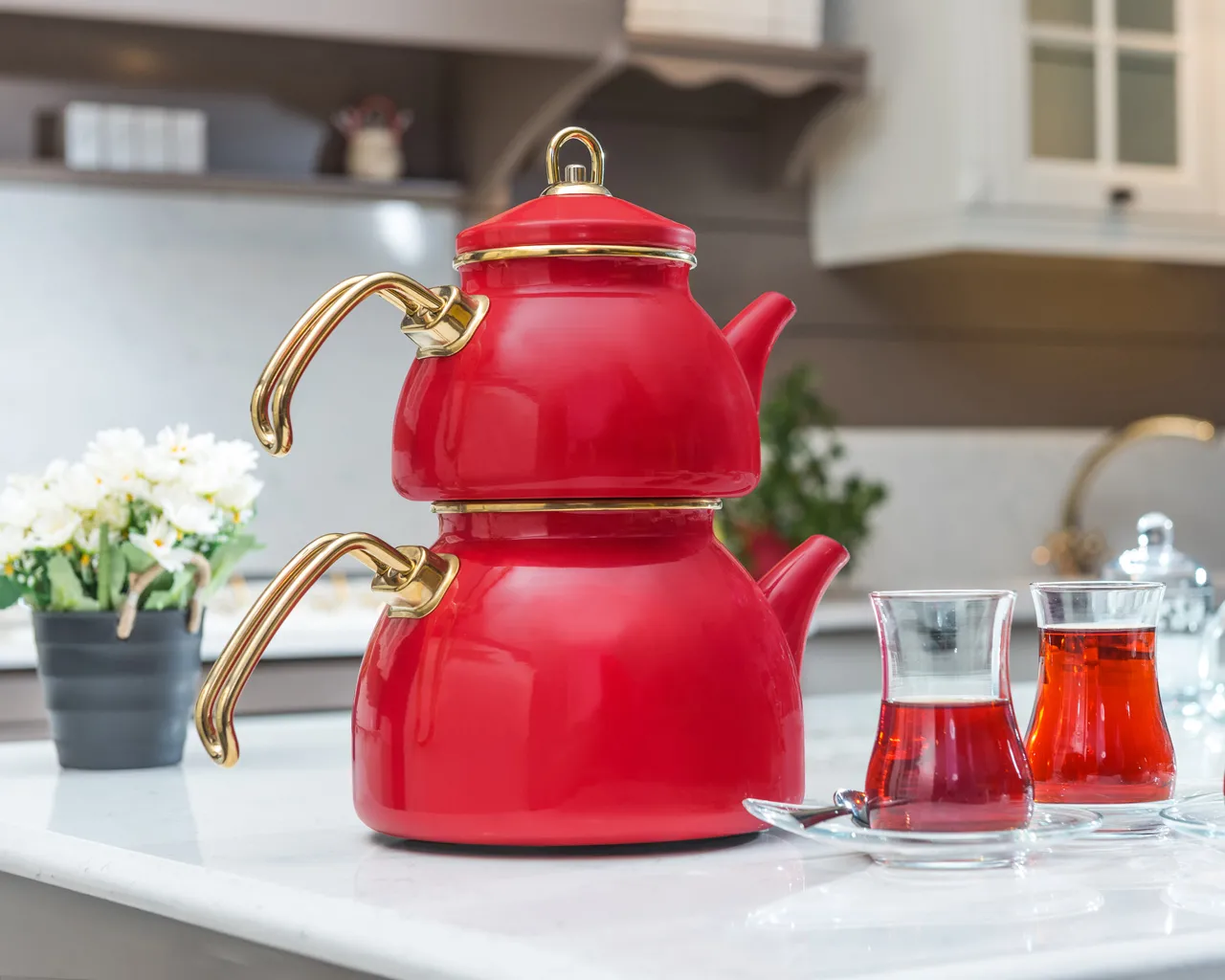 Grandeur GLORY Premium Emaille Teekanne ROT-Gold 1,1 und 2,3 Liter