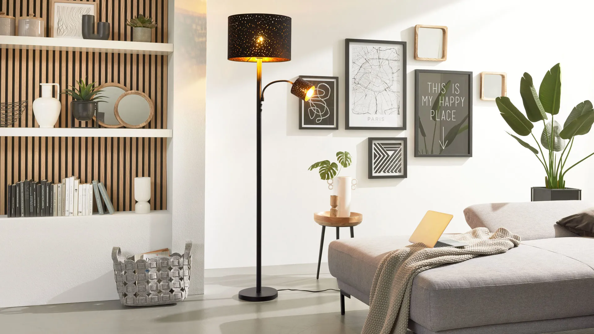 Interliving Leuchten Serie 9343 - Stehleuchte, Schwarz & Gold – Höhe ca. 175 cm