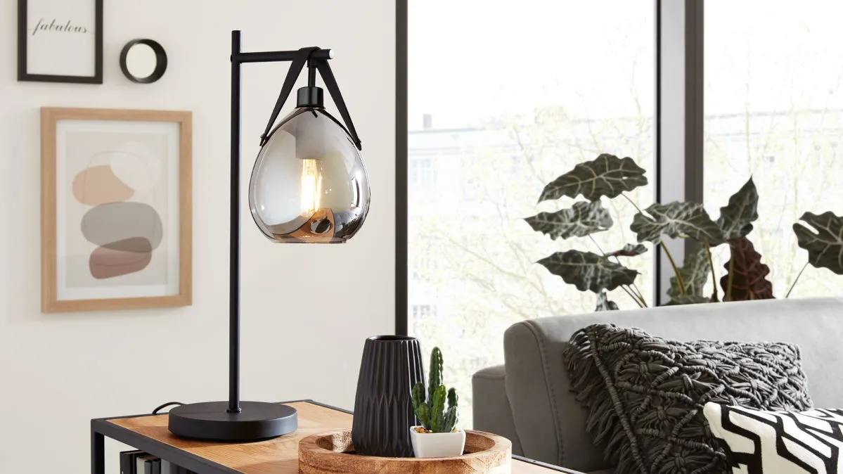 Interliving Leuchten Serie 9332 - Tischleuchte, Rauchglas & Mattschwarz – Höhe ca. 52 cm