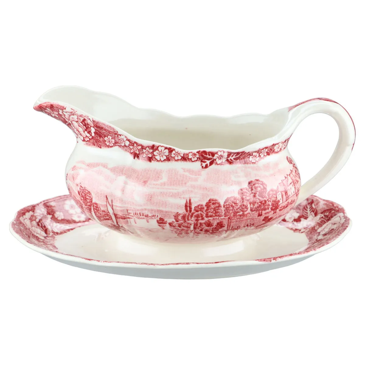 Sauciere mit Teller einteilig - Palissy Thames River Scenes rot /red