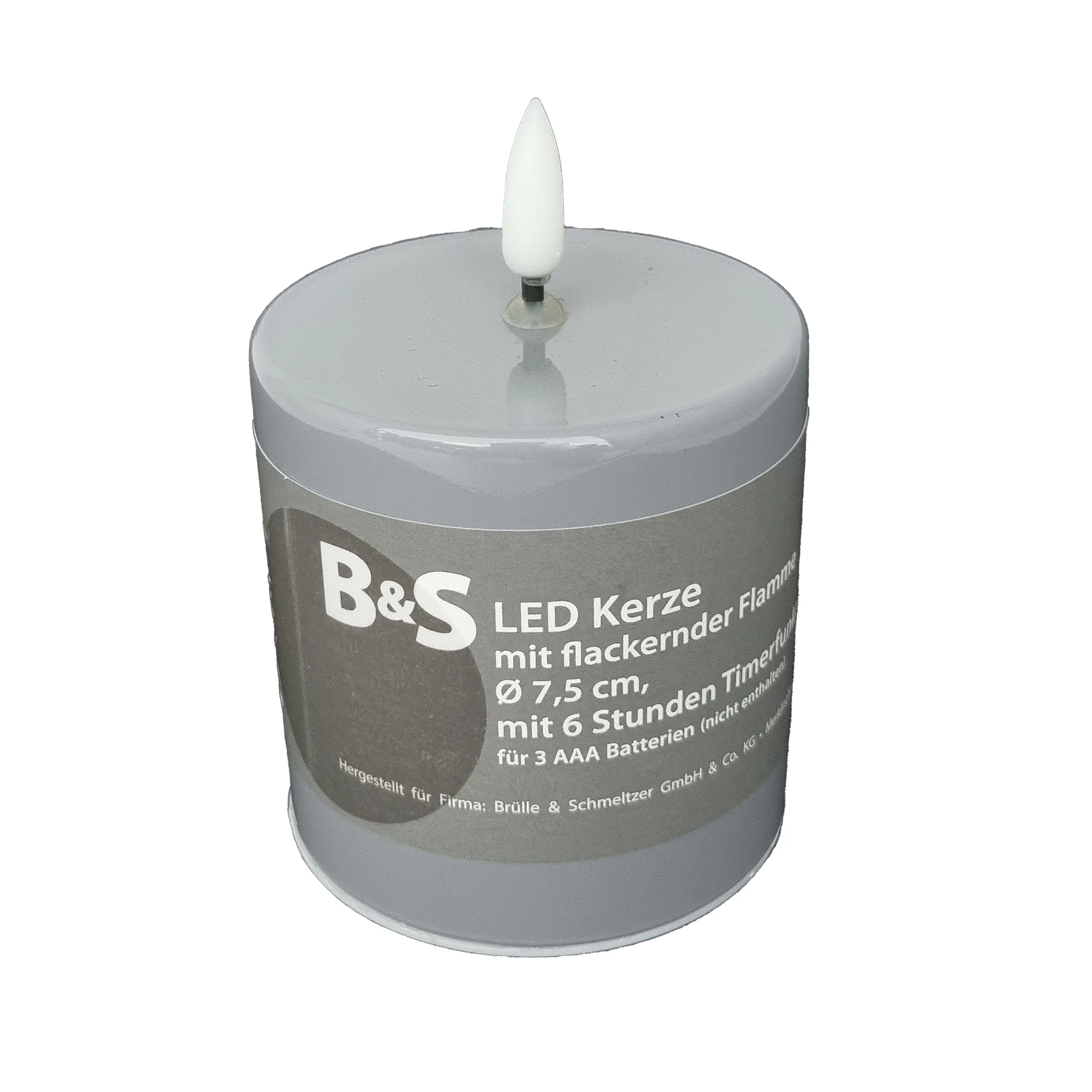 LED Kerze Grau hochglanz 3D Flamme 6 Stunden Timer 7,5 x 7,5 Ø cm