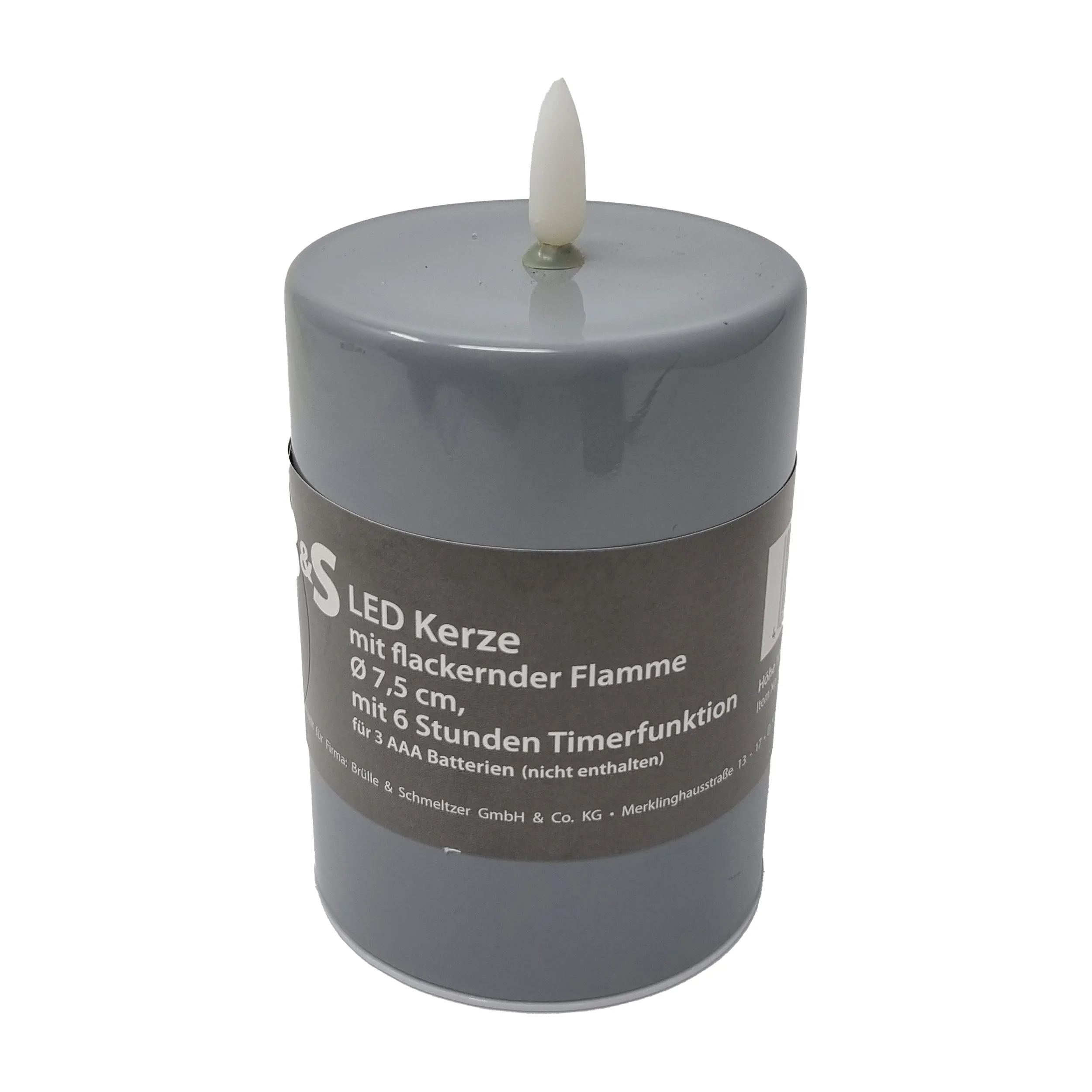 LED Kerze Grau Glas hochglanz 3D Flamme 6 Stunden Timer 10 x 7,5 Ø cm