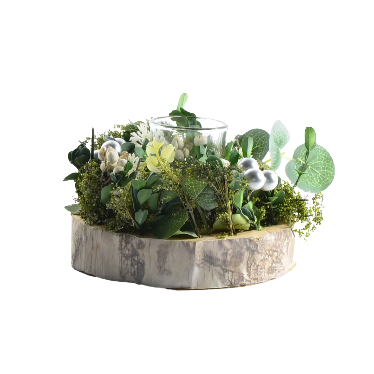 Tischgesteck mit Votivglas und Blüten, Zweige, Moss aus Kunststoff grün, weiß