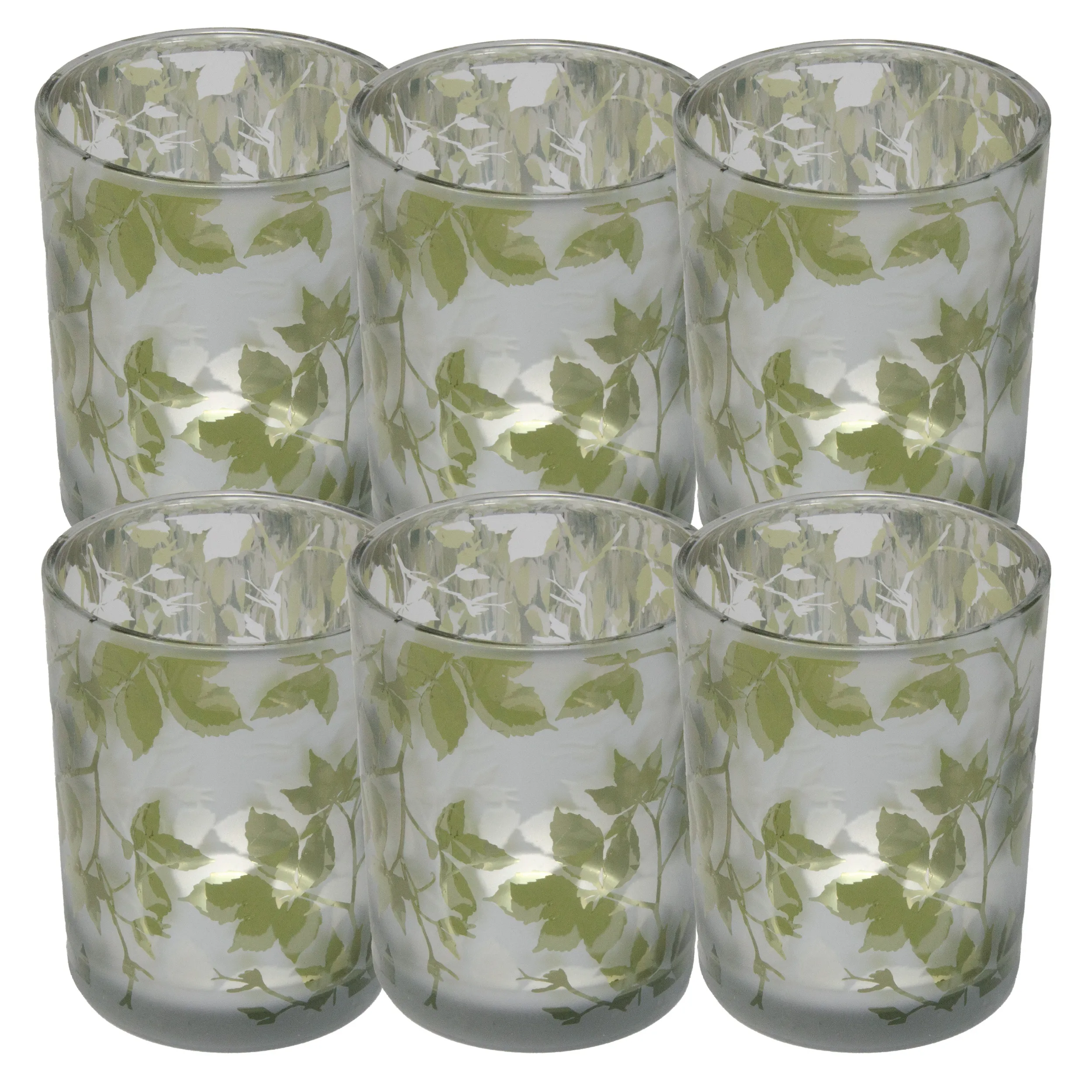 Deko Glas Ø 10 cm 6er Set Windlicht mit Blätter Motiv in Grün und Weiß