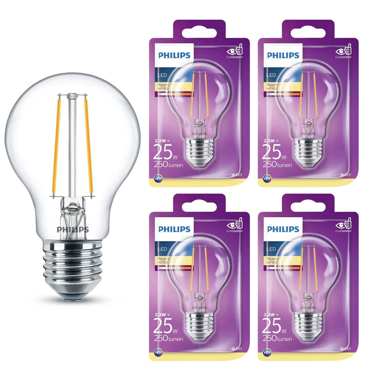 4er Pack LED Leuchtmittel 8718699648909 Philips Glühlampe Filament 2,2W entspricht 25W 250 Lumen E27 warmweiß nicht dimmbar