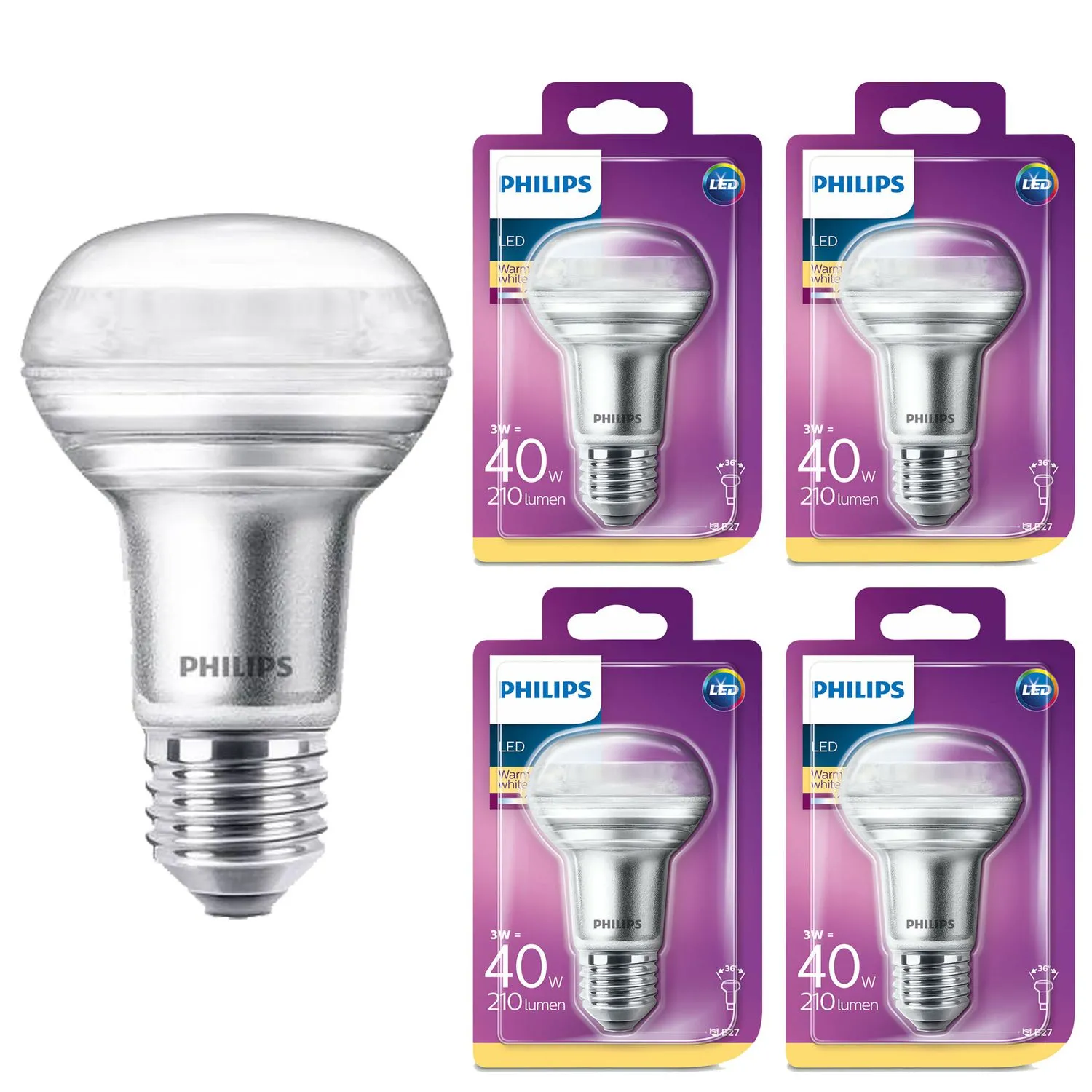 4er Pack 8718696811573 LED Leuchtmittel Philips Reflektor 3W entspricht 40W 210 Lumen E27 warmweiß nicht dimmbar