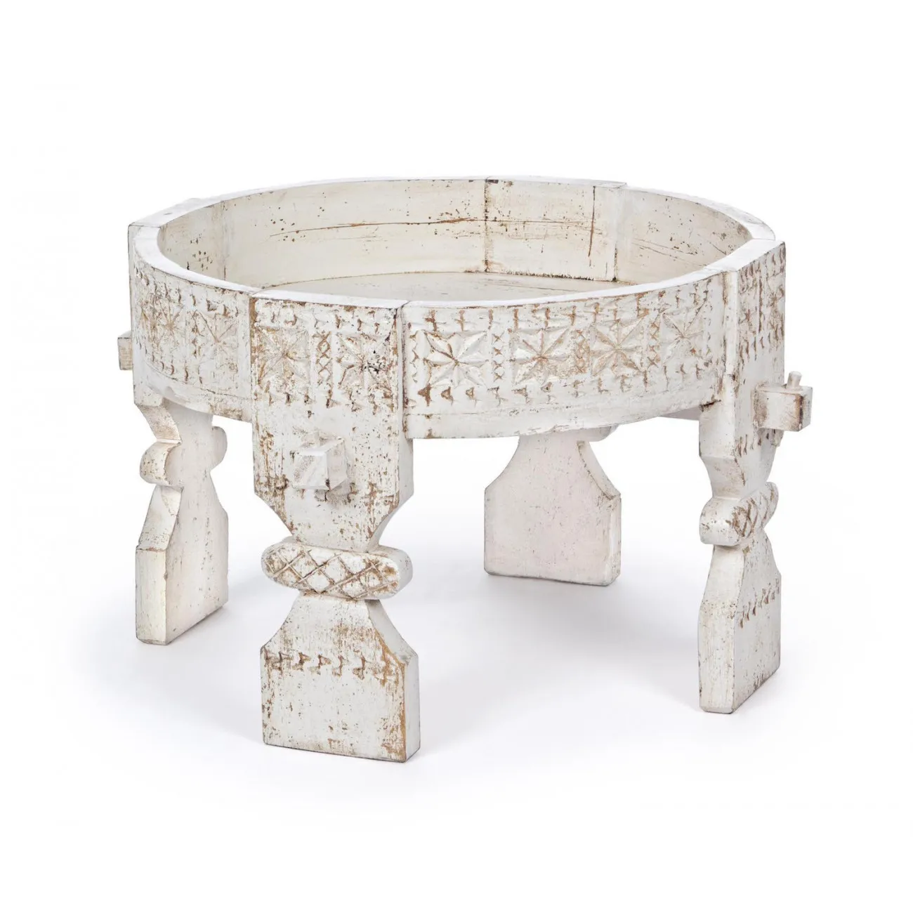 AMAYA - Runder Couchtisch aus gebleichtem, geschnitztem Holz D50