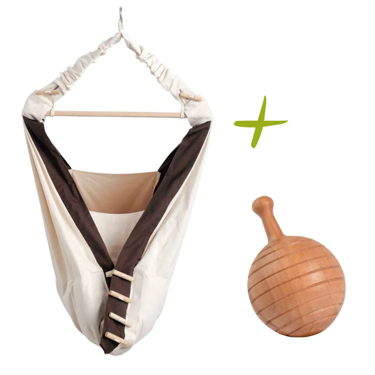 Babyhängesessel Kangoo im Set mit nachhaltiger Vollholz-Rassel aus massiven Kirschholz | natürlich und schadstofffrei | Made in Germany