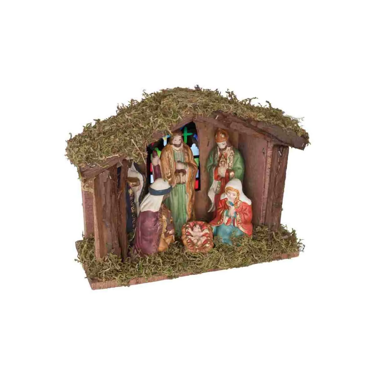 Beleuchtete Weihnachtskrippe aus Holz mit Moos und Figuren