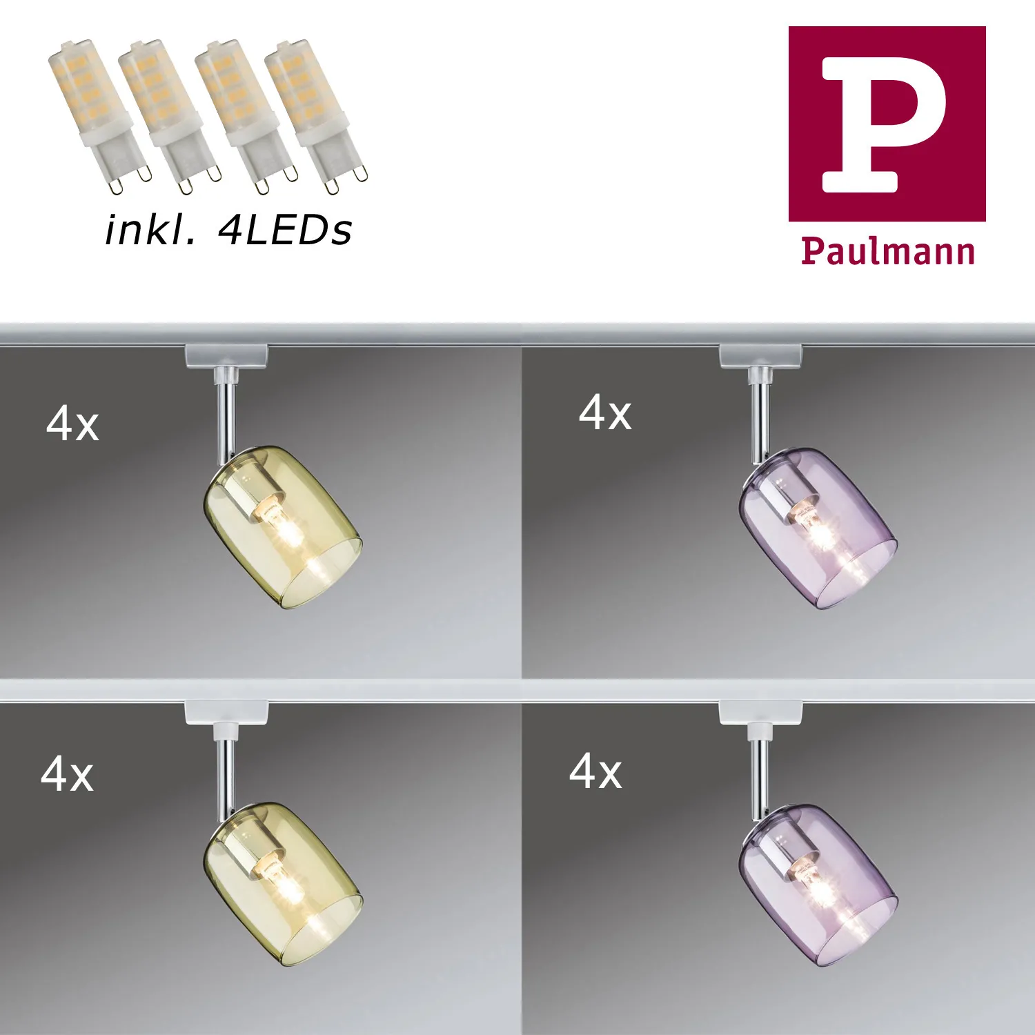 4er Set  Paulmann URail Schienensystem Spot Blossom inkl 4x G9 Warmweiß  LED 3W 40W Helligkeit Warmweiß, Chrom matt/ Weiss - Pink/ Gelb transparent 230V Metall/Glas