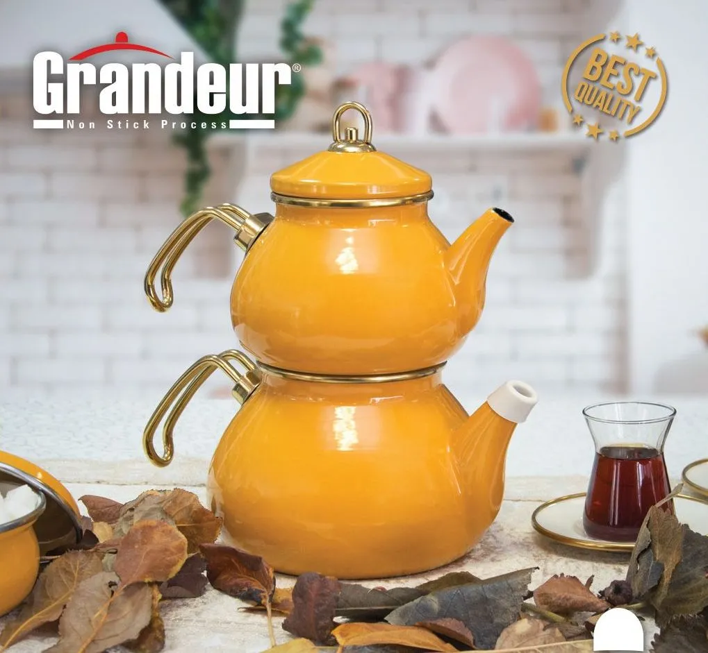 Grandeur GLORY Premium Emaille Teekanne GELB-Silber 1,1 und 2,3 Liter