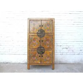 Halbhohe Asia Kommode antikgelber Korpus bunt bemalte Pinie