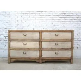 China breite Schubladenkommode 6 Schübe Pinie Korpus hell Fronten weiß