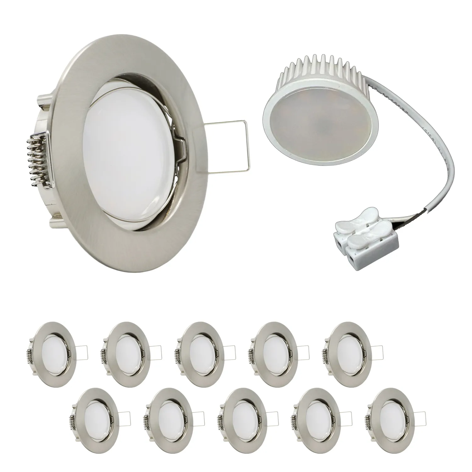 MILI 10er Set Einbauleuchtenn 5W 3000K Warmweiss 230V 400 lumen Eisen gebürstet inkl. austauschbare LED Modul geringe Einbautiefe