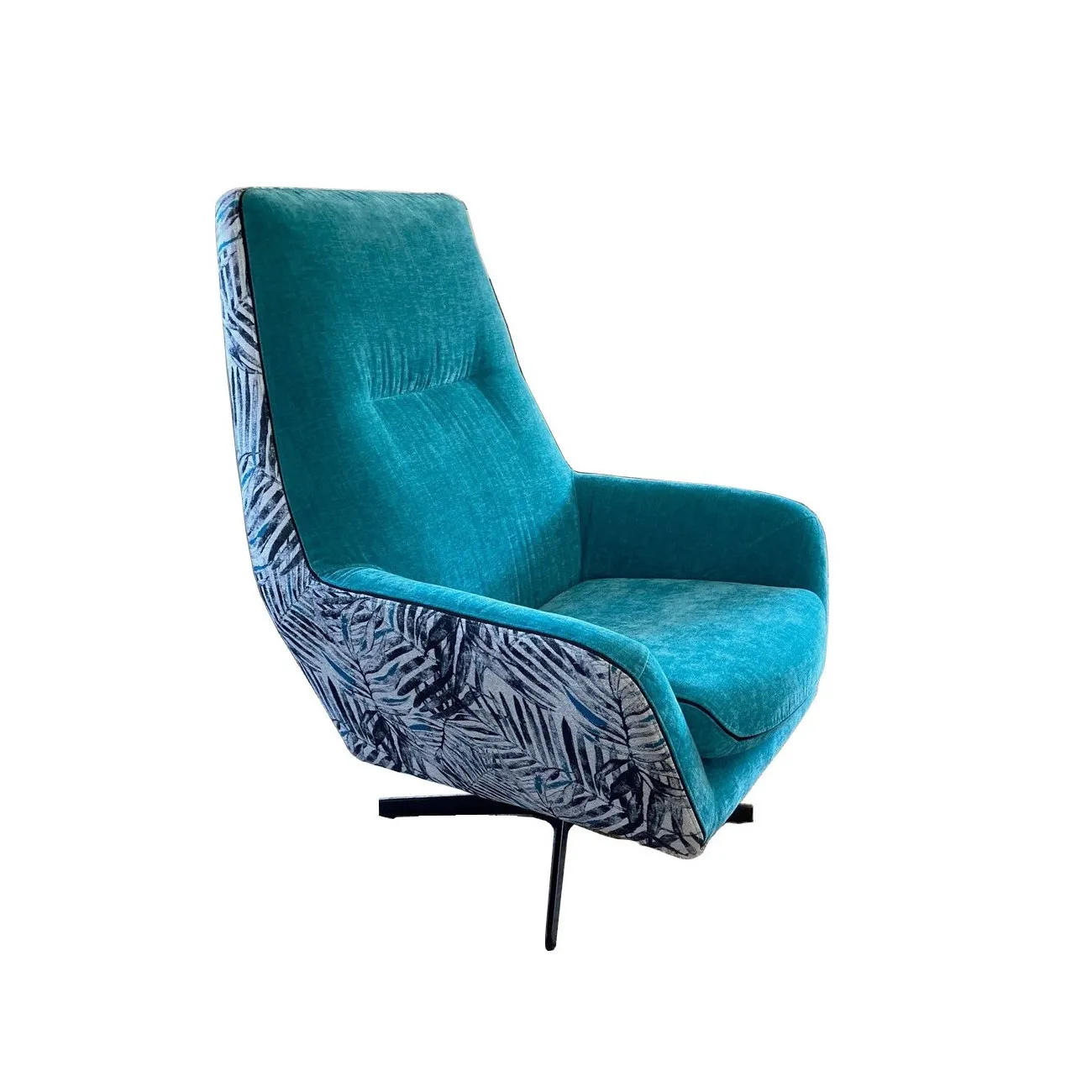 JUNGLE - Zweifarbiger Sessel aus bedrucktem Stoff und türkisfarbenem Samt