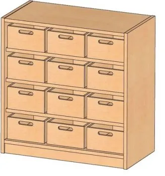Einzelschrank mit 12 Massivholzkästen, Kindergarten Schrank