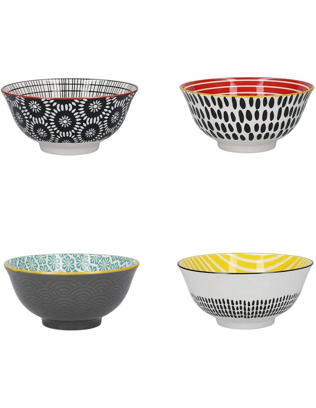 KitchenCraft Gemustertes Müslischalen-Set in Geschenkbox, Keramik, 'Monochrome' Designs, 15cm, 4 Stück