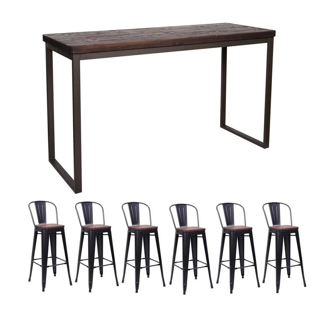 NEVADA - Tisch und Hochstühle aus dunklem Massivholz und grauem Stahl B 180