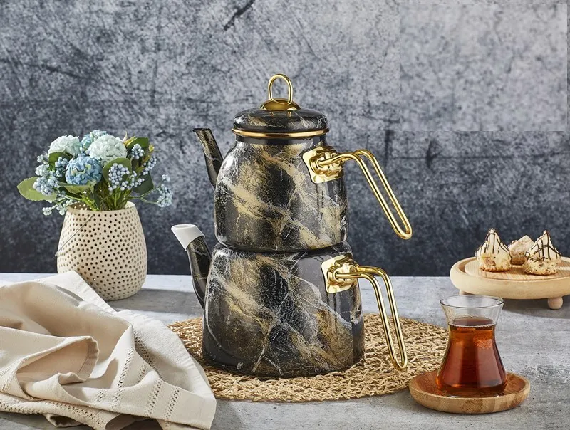 ELITE CLASS Marmorlook Emaille Teekanne Schwarz-Gold 1 und 2 Liter