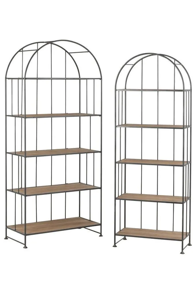 Set of 2 Brown Metal/Wood Round Tray Shelves