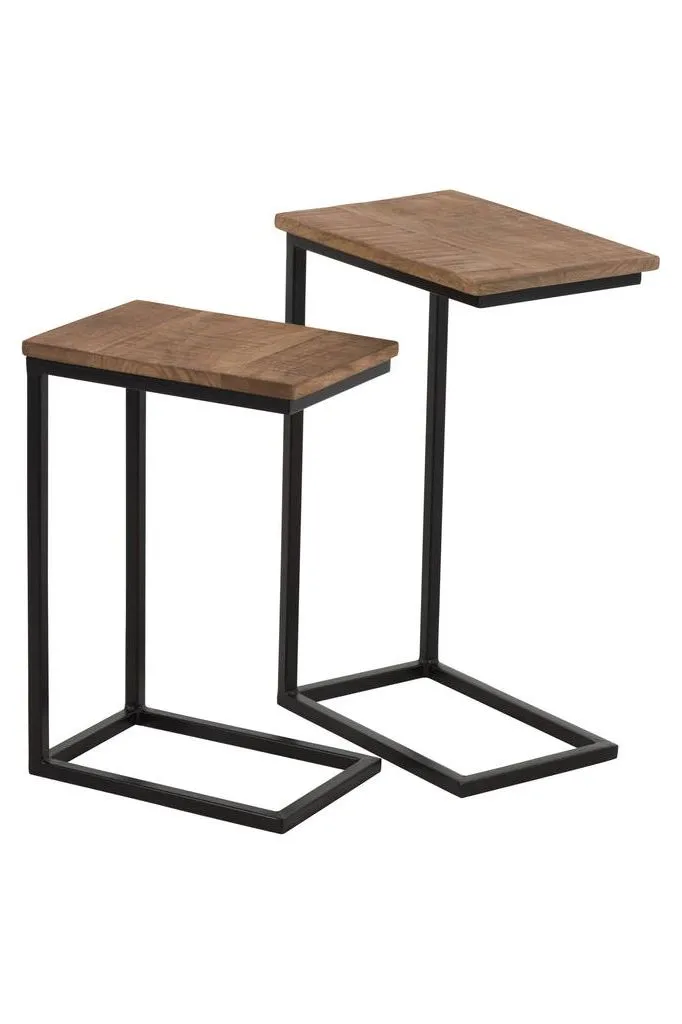 Set of 2 Rectangle Side Tables Metal/Black/Natural Wood