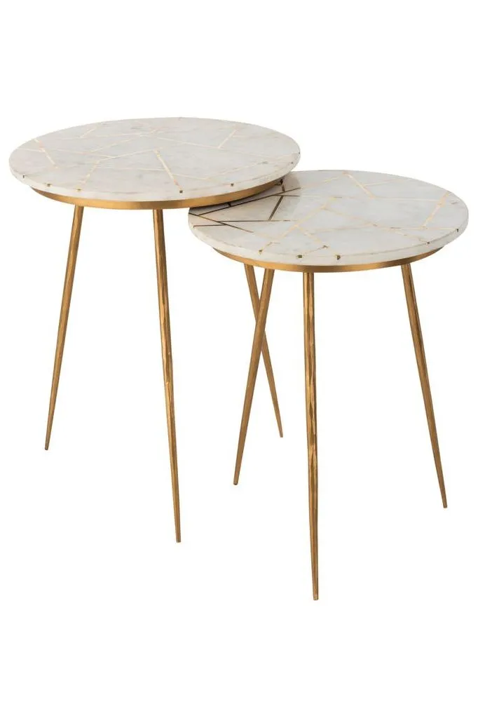 Set of Two Marble/Golden Iron/White Side Tables